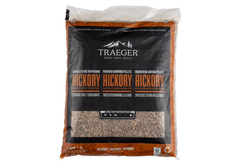 voorkant traeger hickory pellets in zak van 9 kg